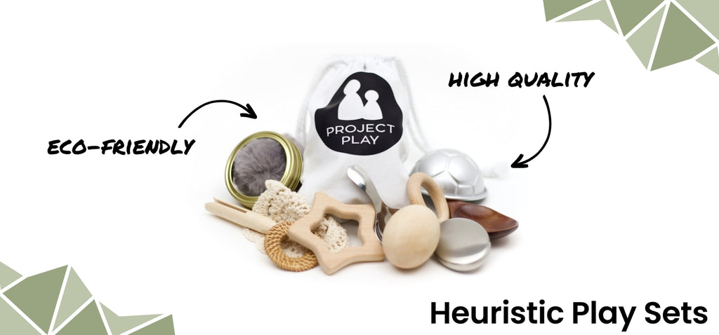 A heuristic play set displayed in a cotton bag with loose parts
