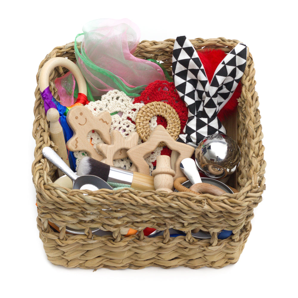 Christmas gift of a basket with loose parts to create a heuristic set for children. NZ Kiwiana inspired limited edition.